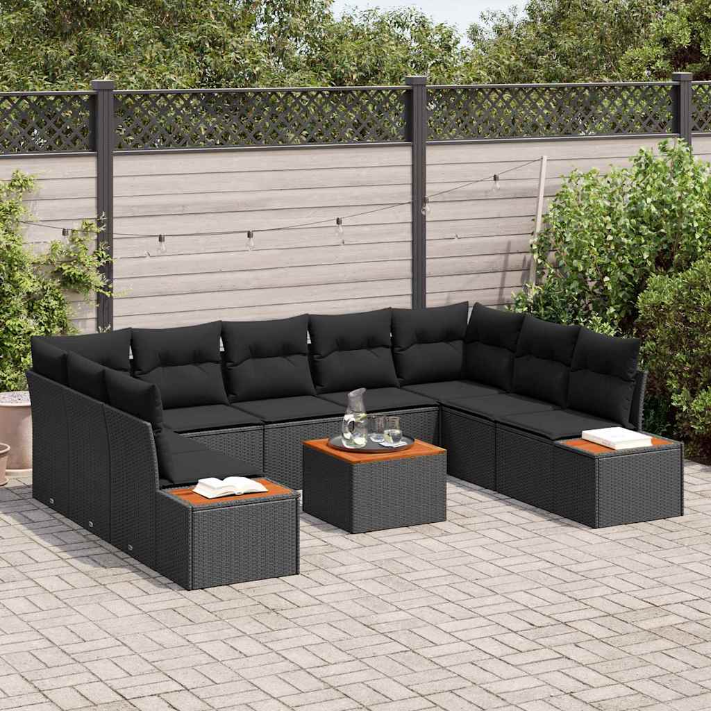 10-delige ligbed set met kussens - Zwart poly rattan & acacia
