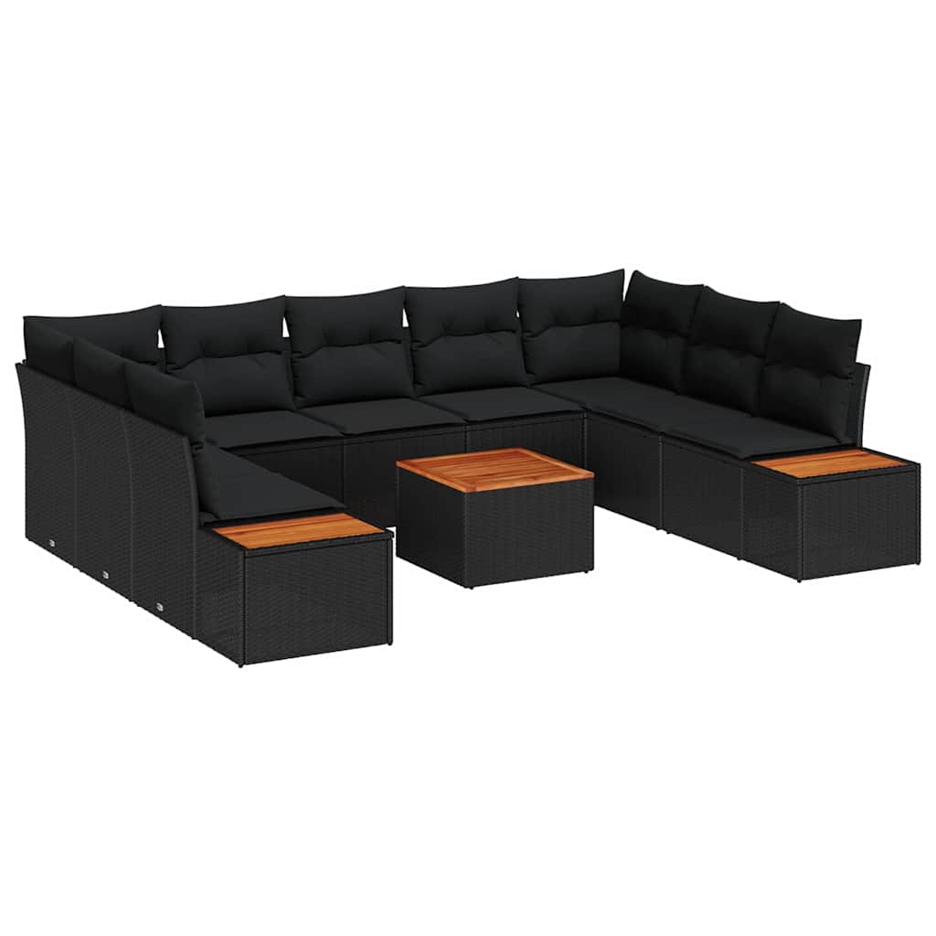 10-delige ligbed set met kussens - Zwart poly rattan & acacia