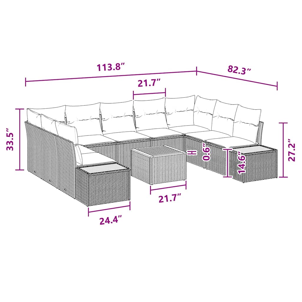 10-delige ligbed set met kussens - Zwart poly rattan & acacia