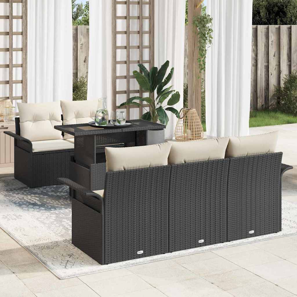 6-delige tuinset met kussens in zwart poly rattan