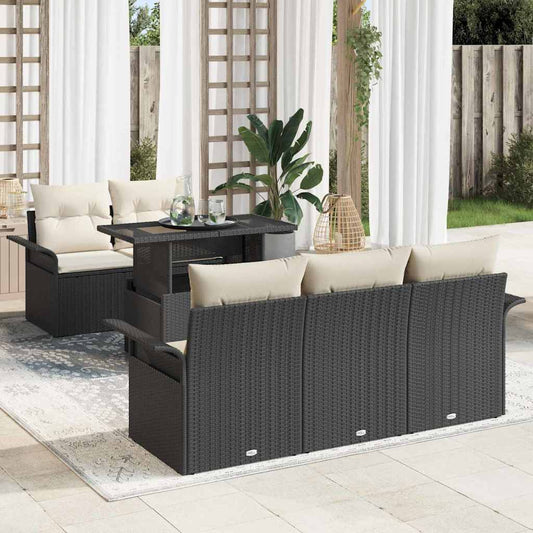 6-delige tuinset met kussens in zwart poly rattan