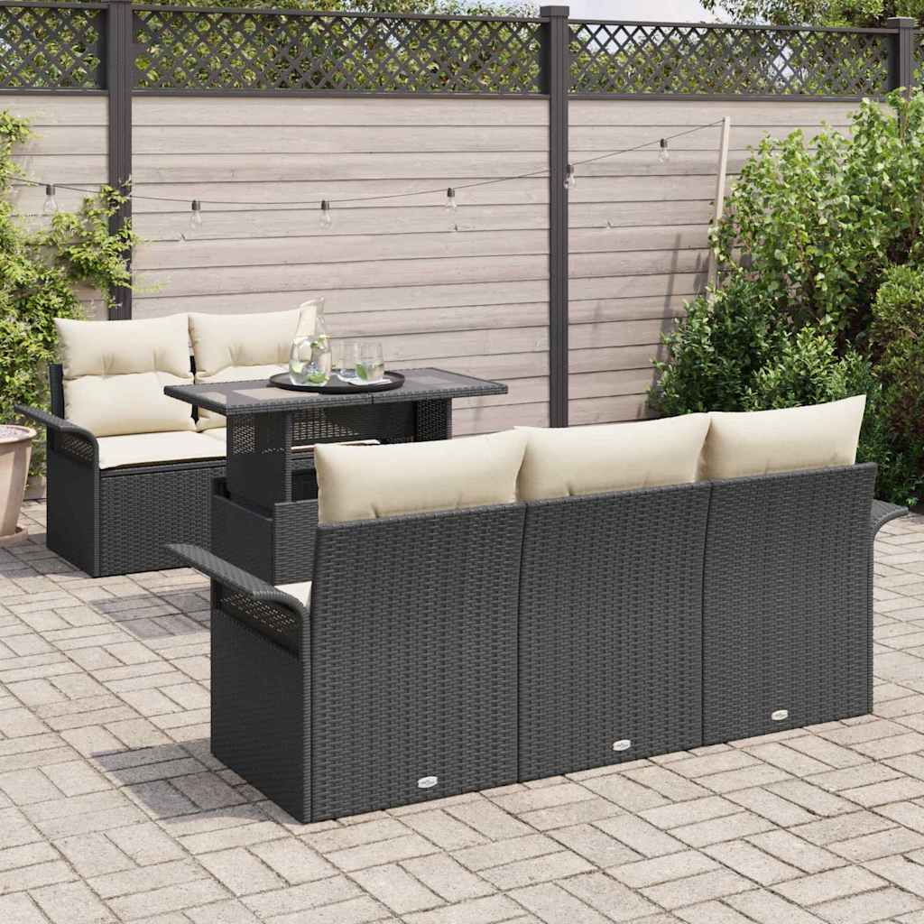 6-delige tuinset met kussens in zwart poly rattan