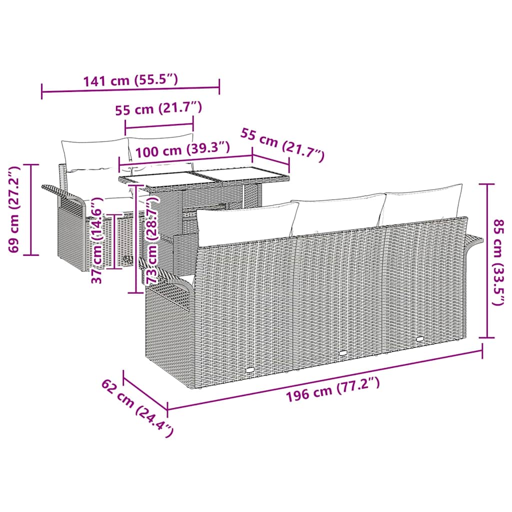 6-delige tuinset met kussens in zwart poly rattan