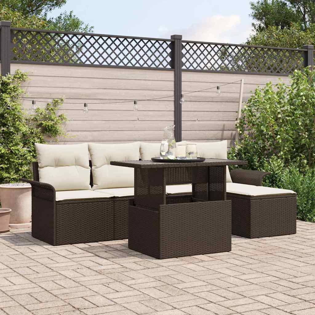 6-delige tuinset met kussens in bruin poly rattan
