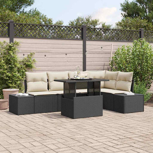 6-delige tuinset met kussens in zwart poly rattan