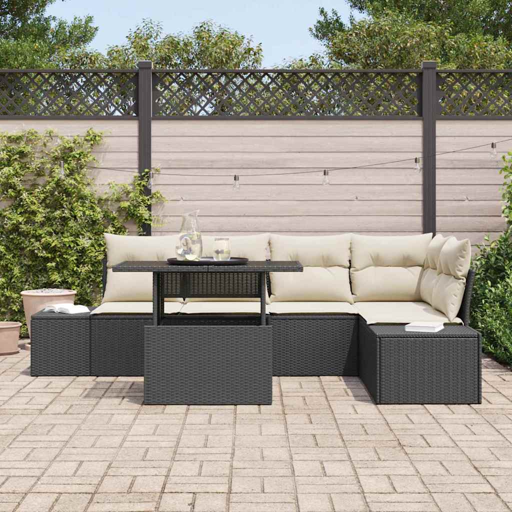 6-delige tuinset met kussens in zwart poly rattan