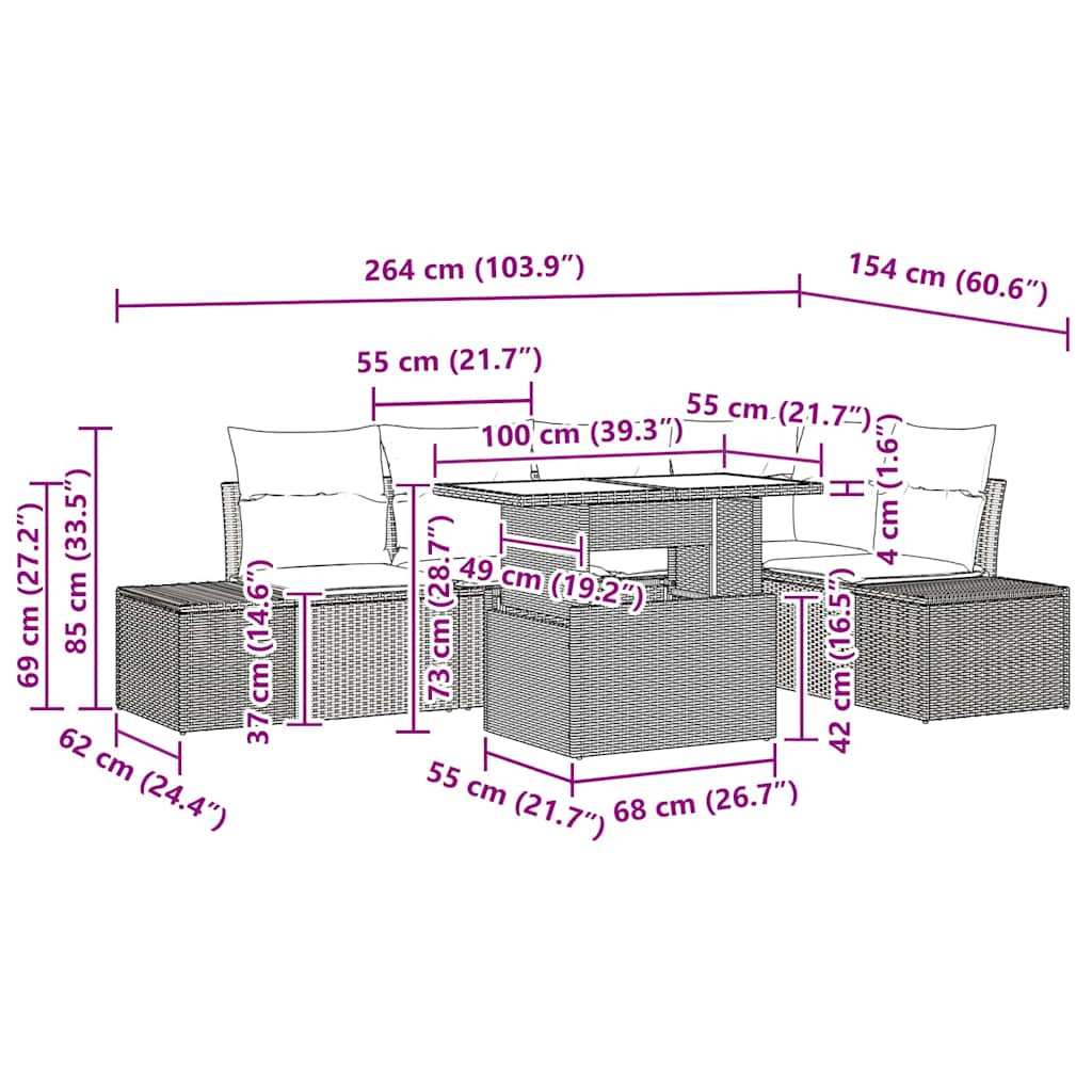 6-delige tuinset met kussens in zwart poly rattan