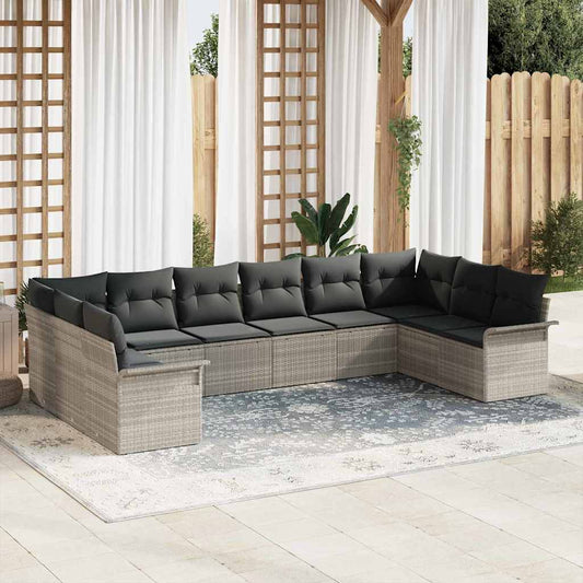 10-delig Tuinbankenset met kussens poly rattan lichtgrijs