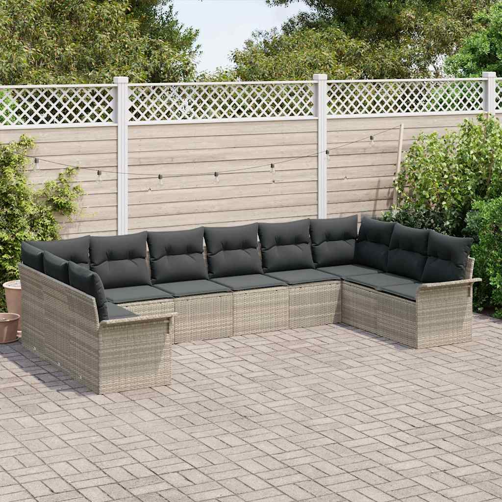 10-delig Tuinbankenset met kussens poly rattan lichtgrijs