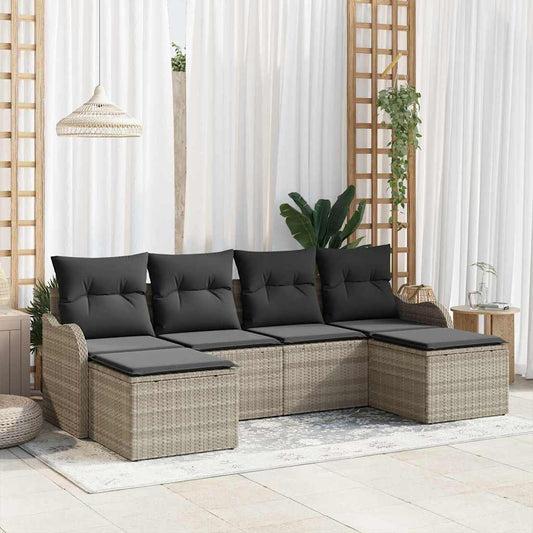 6-delige tuinset met kussens in lichtgrijs poly rattan