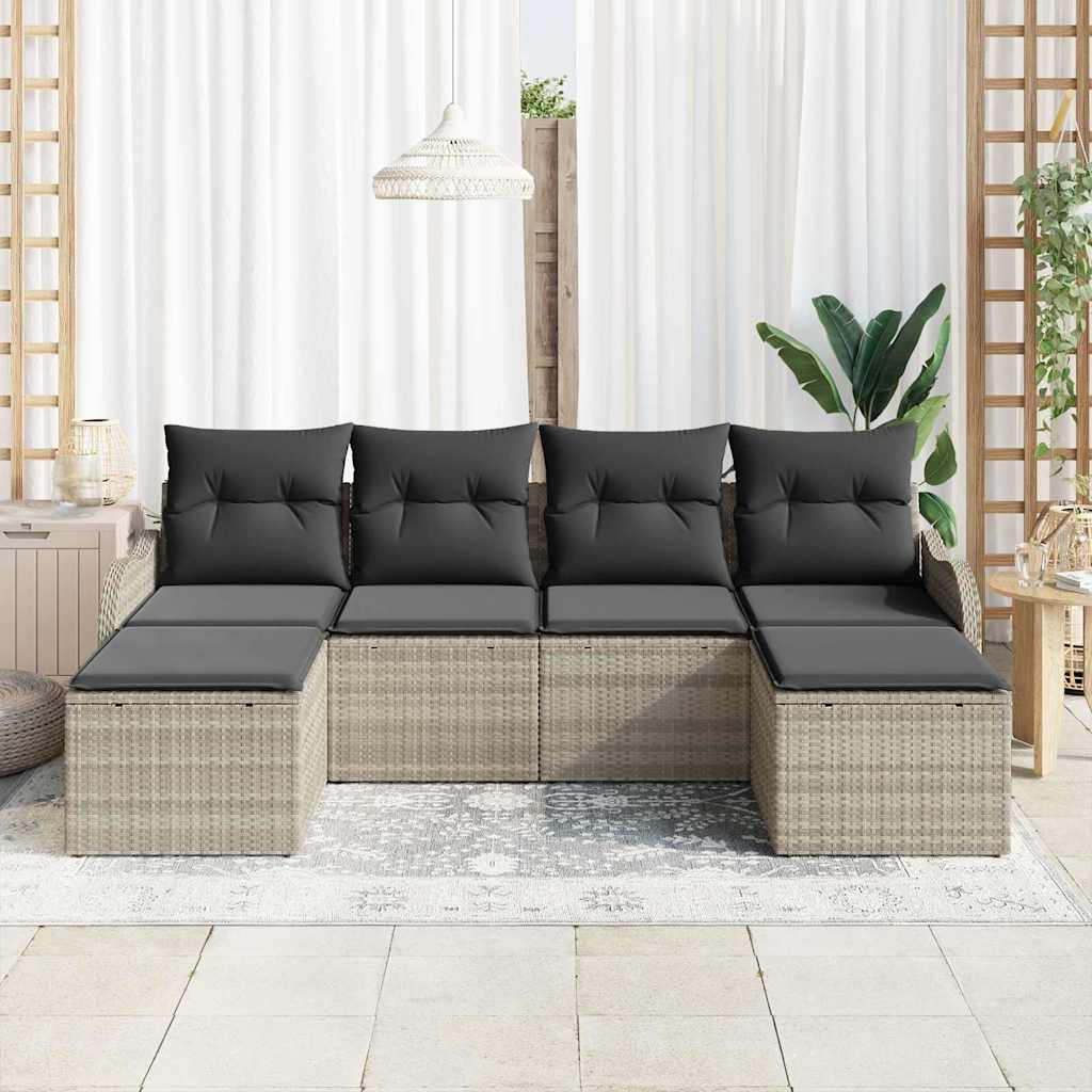 6-delige tuinset met kussens in lichtgrijs poly rattan