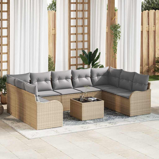 10-delige ligbed set met kussens zwart poly rattan