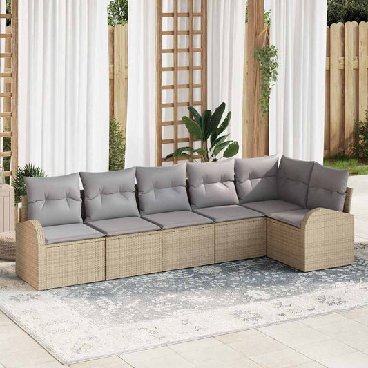 6-delige tuinset met kussens in beige poly riet