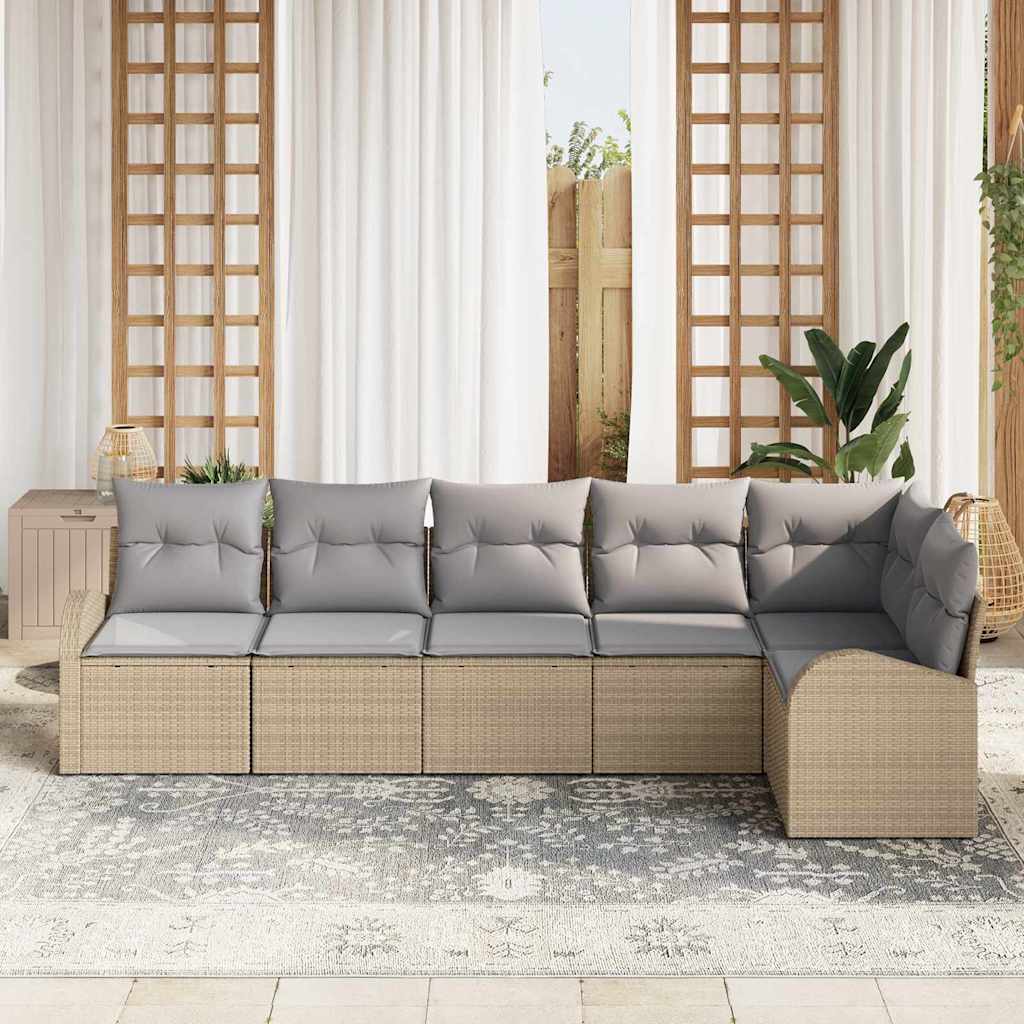 6-delige tuinset met kussens in beige poly riet