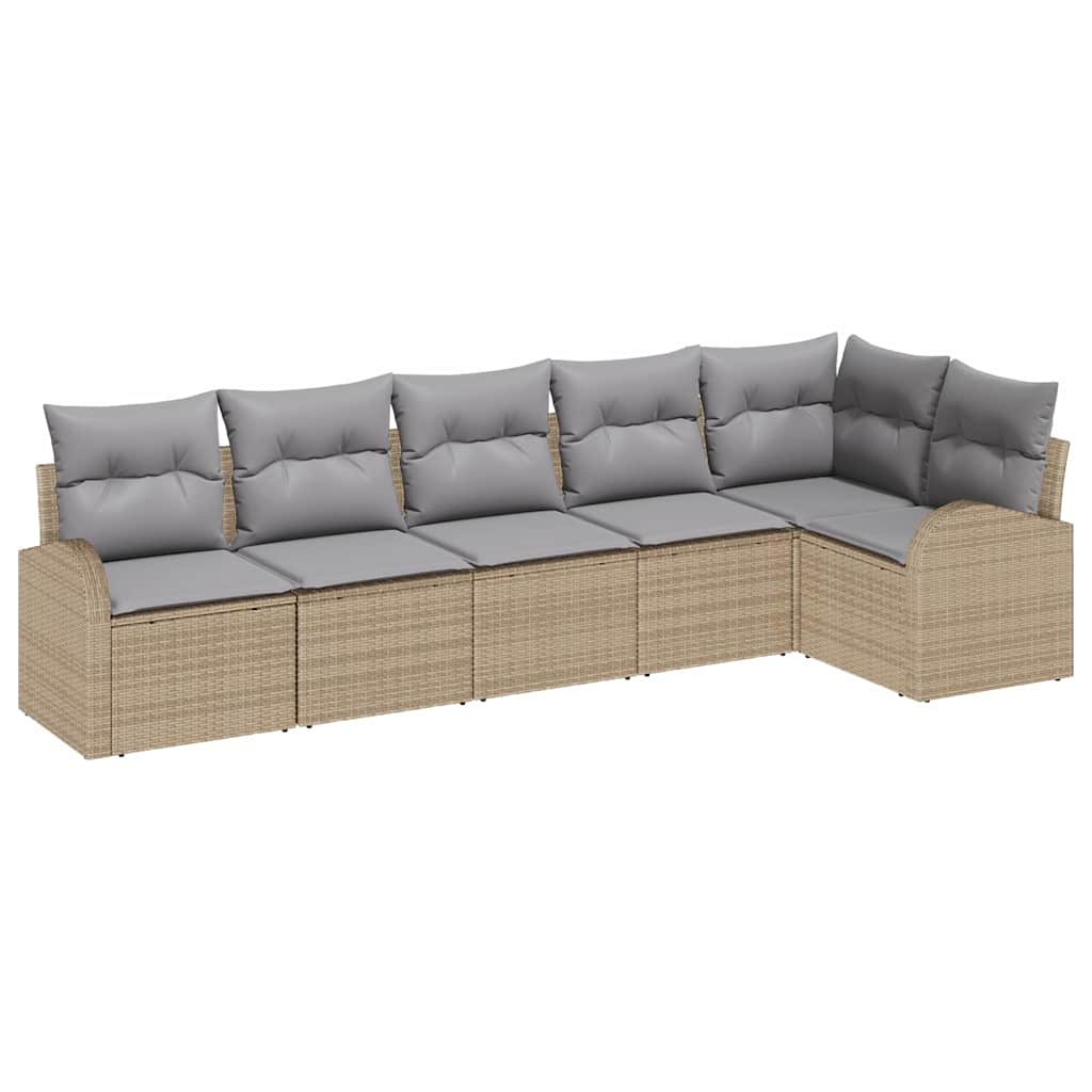 6-delige tuinset met kussens in beige poly riet