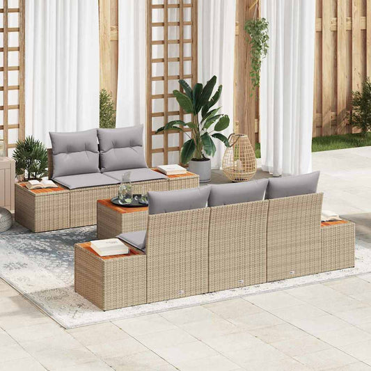 6-delige tuinset met kussens in beige poly rattan en acacia