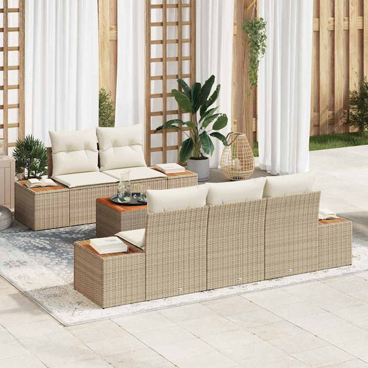 6-delige Tuinset met Kussens in Beige Poly Rattan en Acacia
