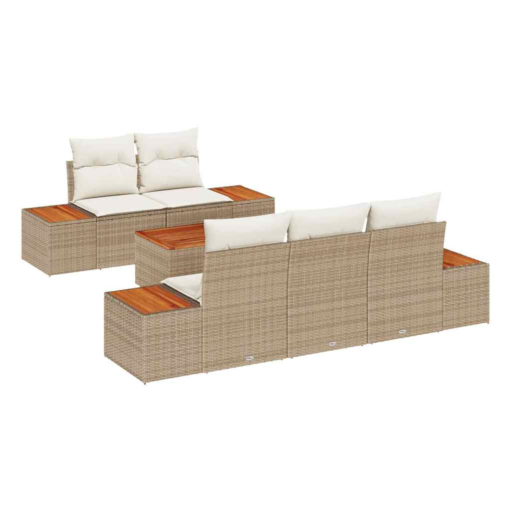 6-delige Tuinset met Kussens in Beige Poly Rattan en Acacia