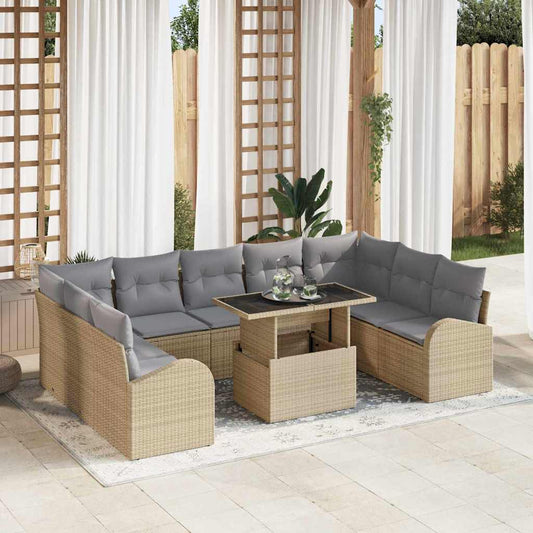10-delige ligbedset met kussens beige poly rattan