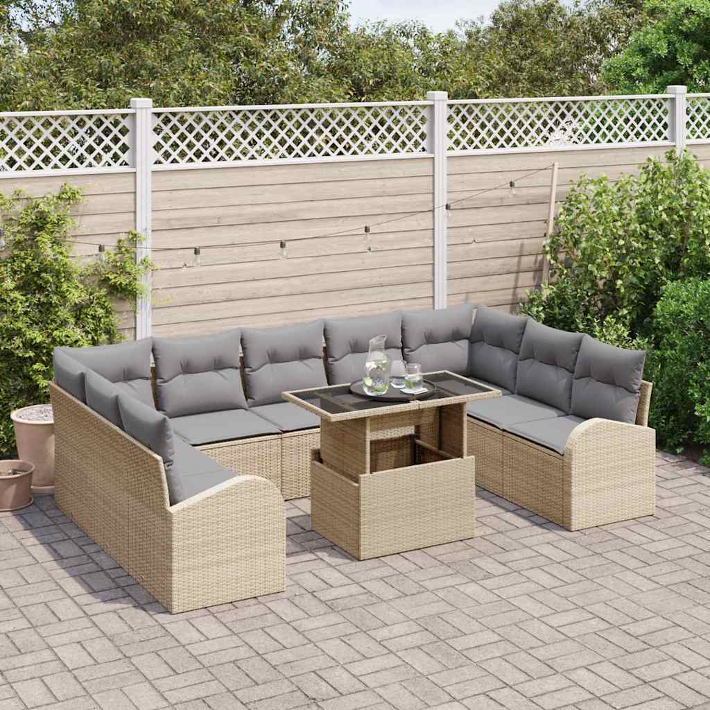 10-delige ligbedset met kussens beige poly rattan