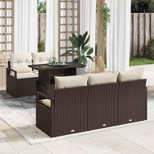 6-delige tuinset met kussens in bruin poly rattan