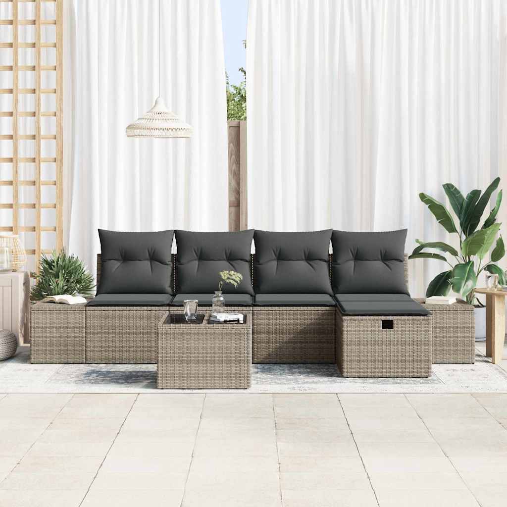 6-delige tuinset met kussens in grijs poly rattan