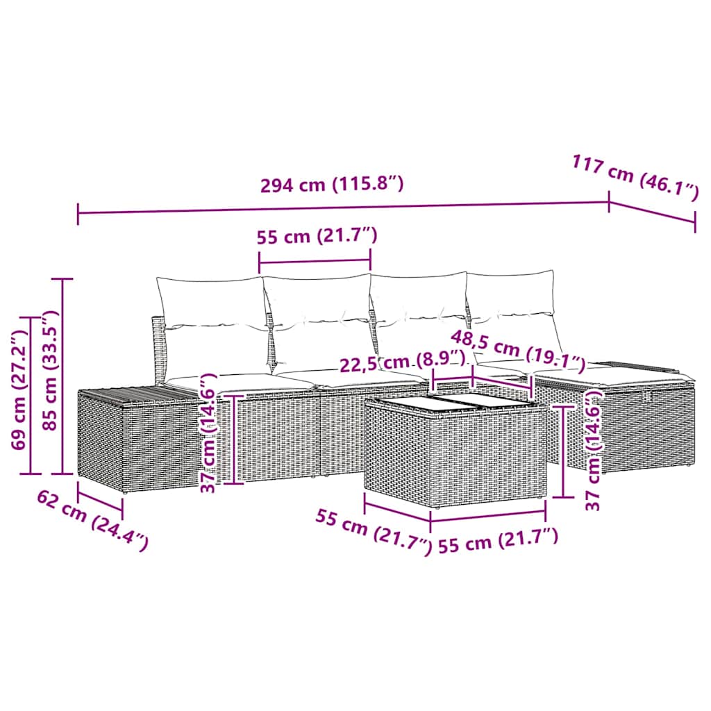 6-delige tuinset met kussens in grijs poly rattan