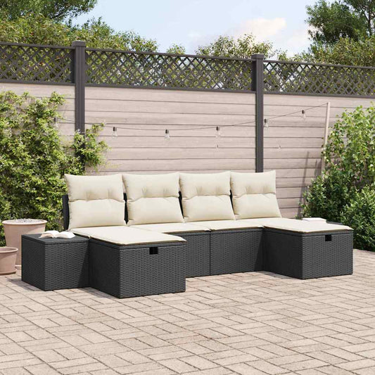 6-delige tuinset met kussens in zwart poly rattan