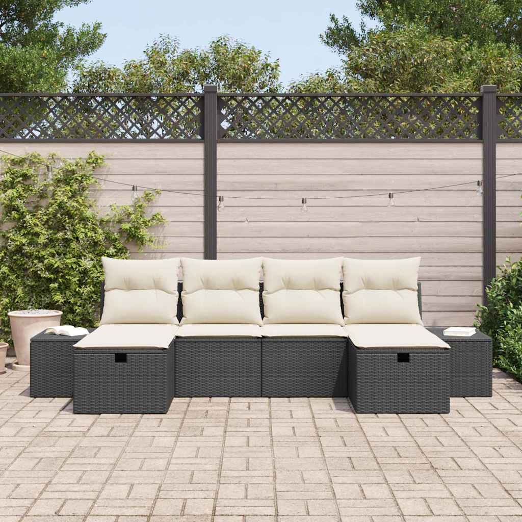6-delige tuinset met kussens in zwart poly rattan