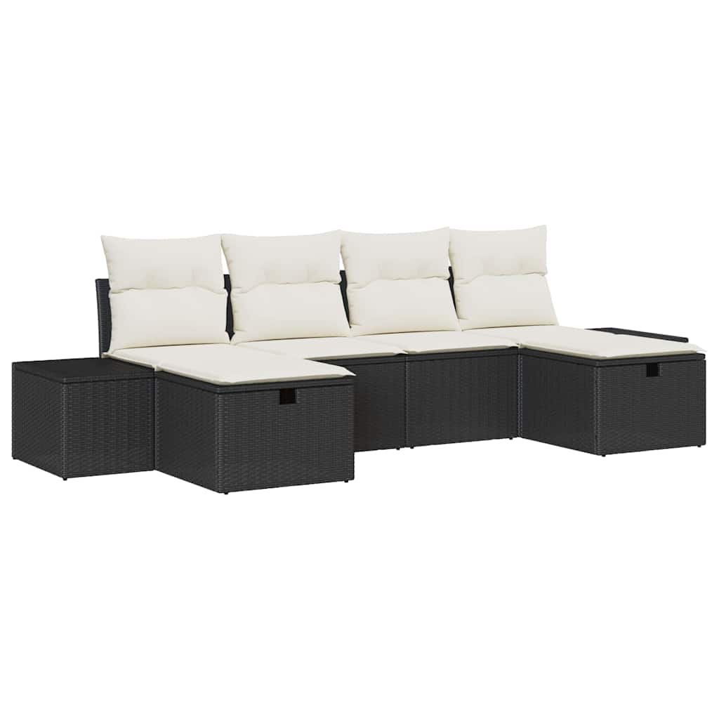 6-delige tuinset met kussens in zwart poly rattan