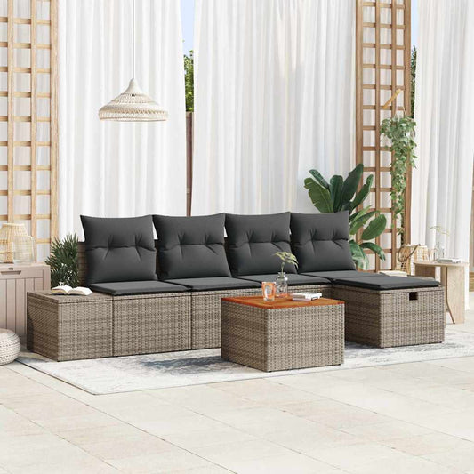 6-delige tuinset met kussens in grijs poly rattan