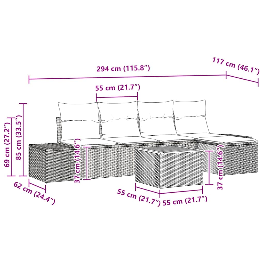 6-delige tuinset met kussens in grijs poly rattan