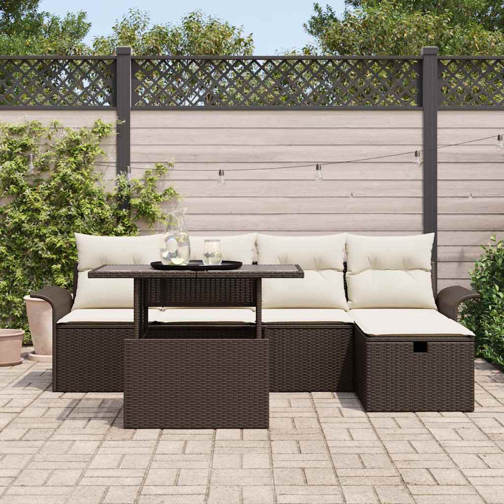 6-delige tuinset met kussens in bruin poly rattan