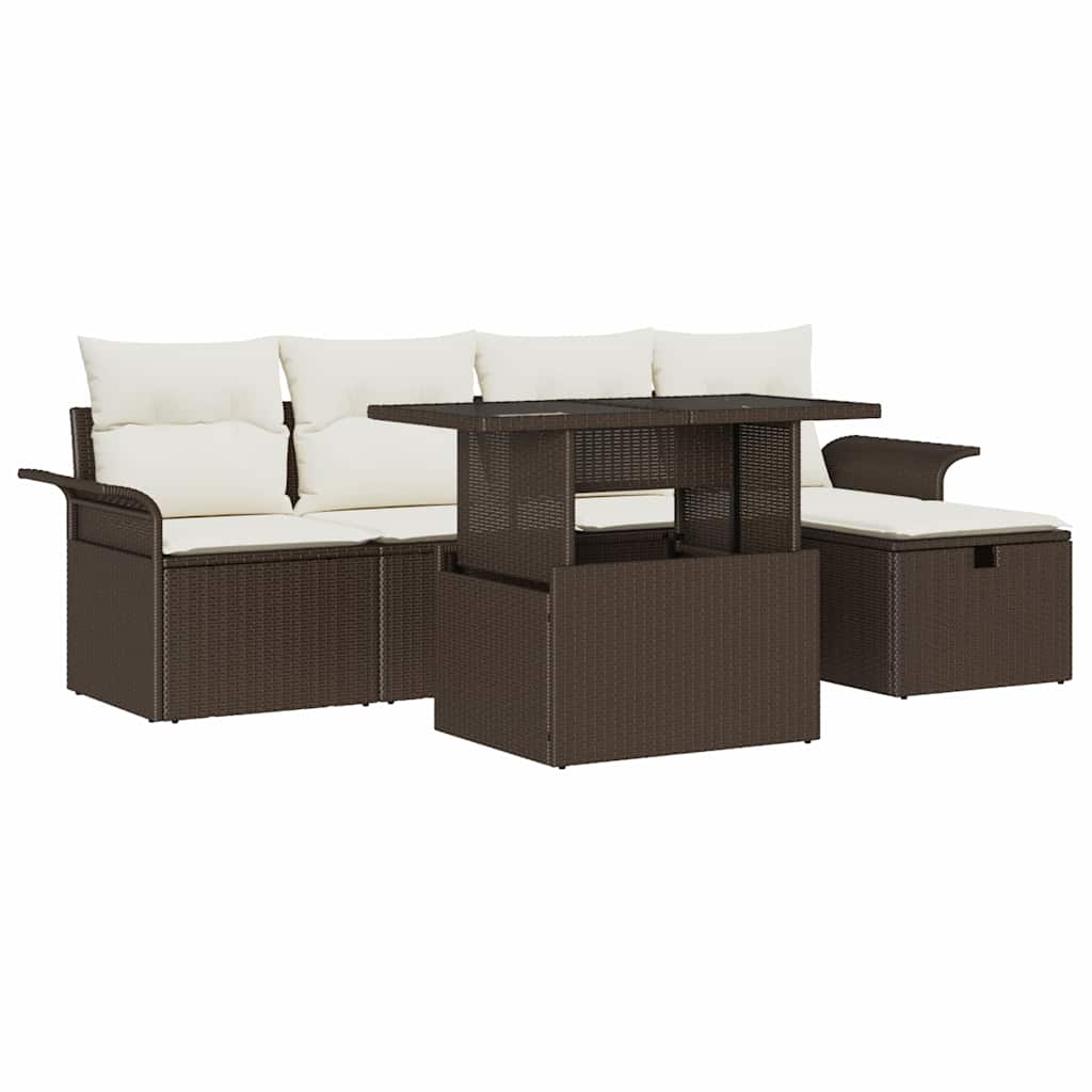 6-delige tuinset met kussens in bruin poly rattan