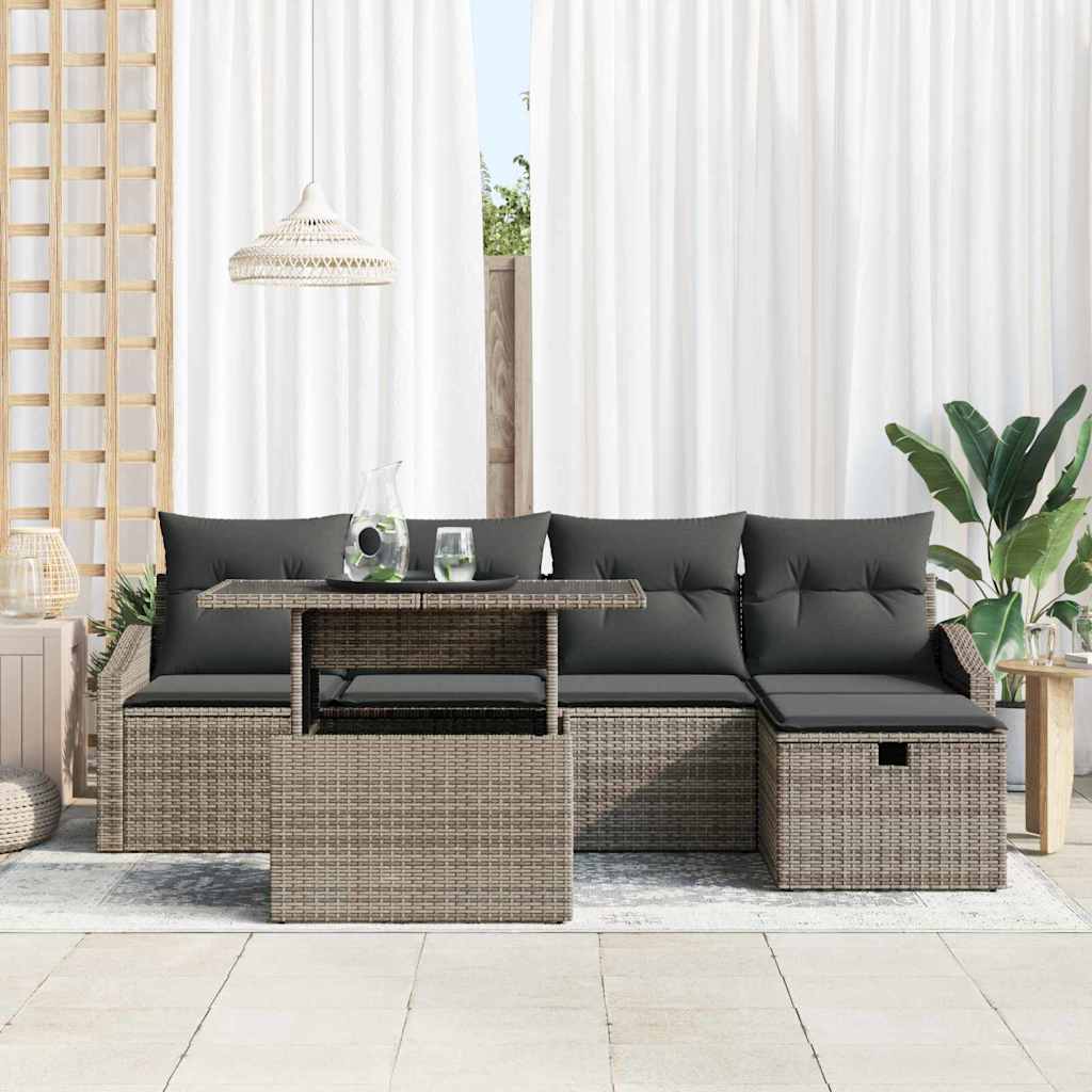 6-delige tuinset met kussens in grijs poly rattan