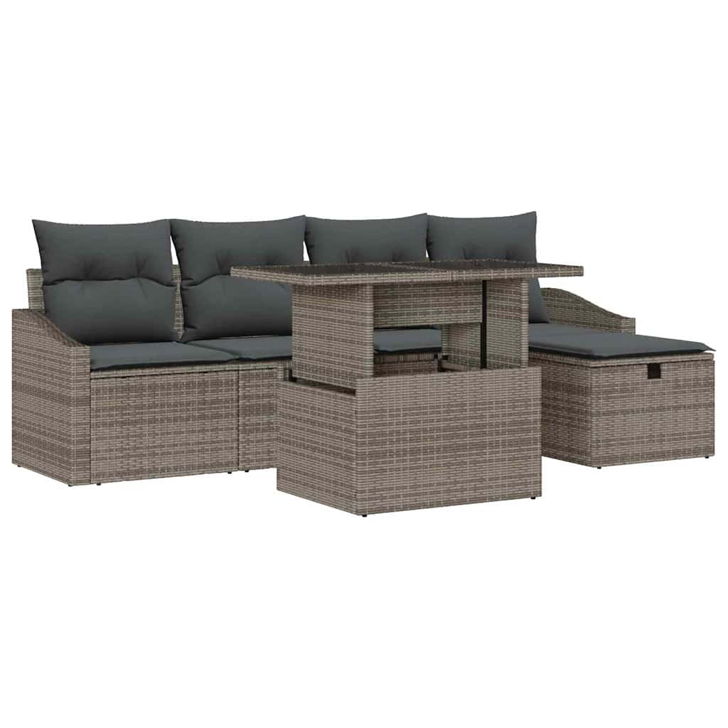 6-delige tuinset met kussens in grijs poly rattan