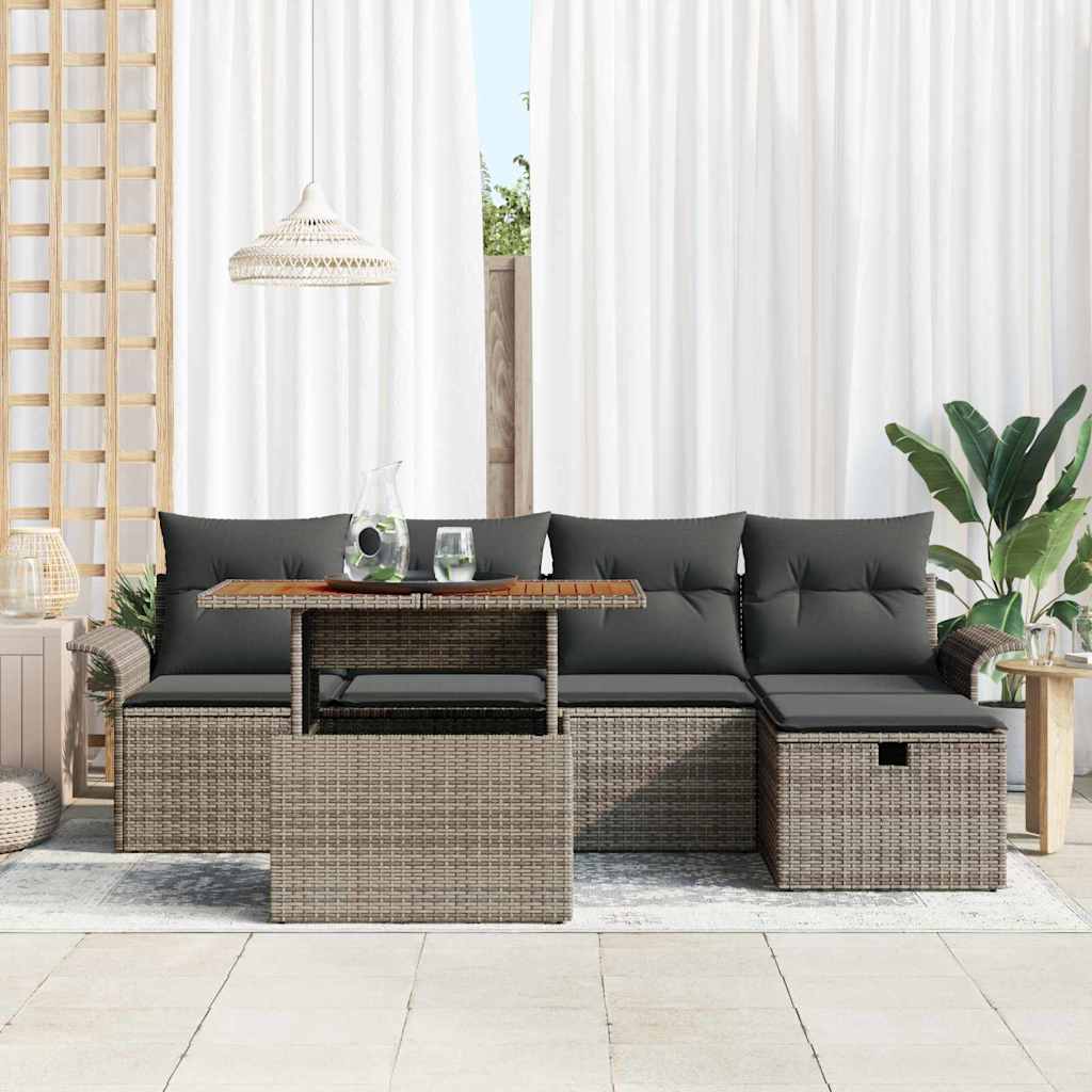 6-delige tuinset met kussens in het grijs van poly rattan