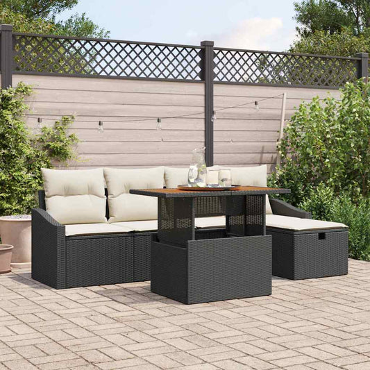 6-delige tuinset met kussens in zwart poly rattan