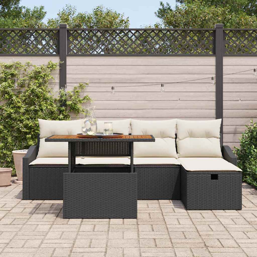 6-delige tuinset met kussens in zwart poly rattan