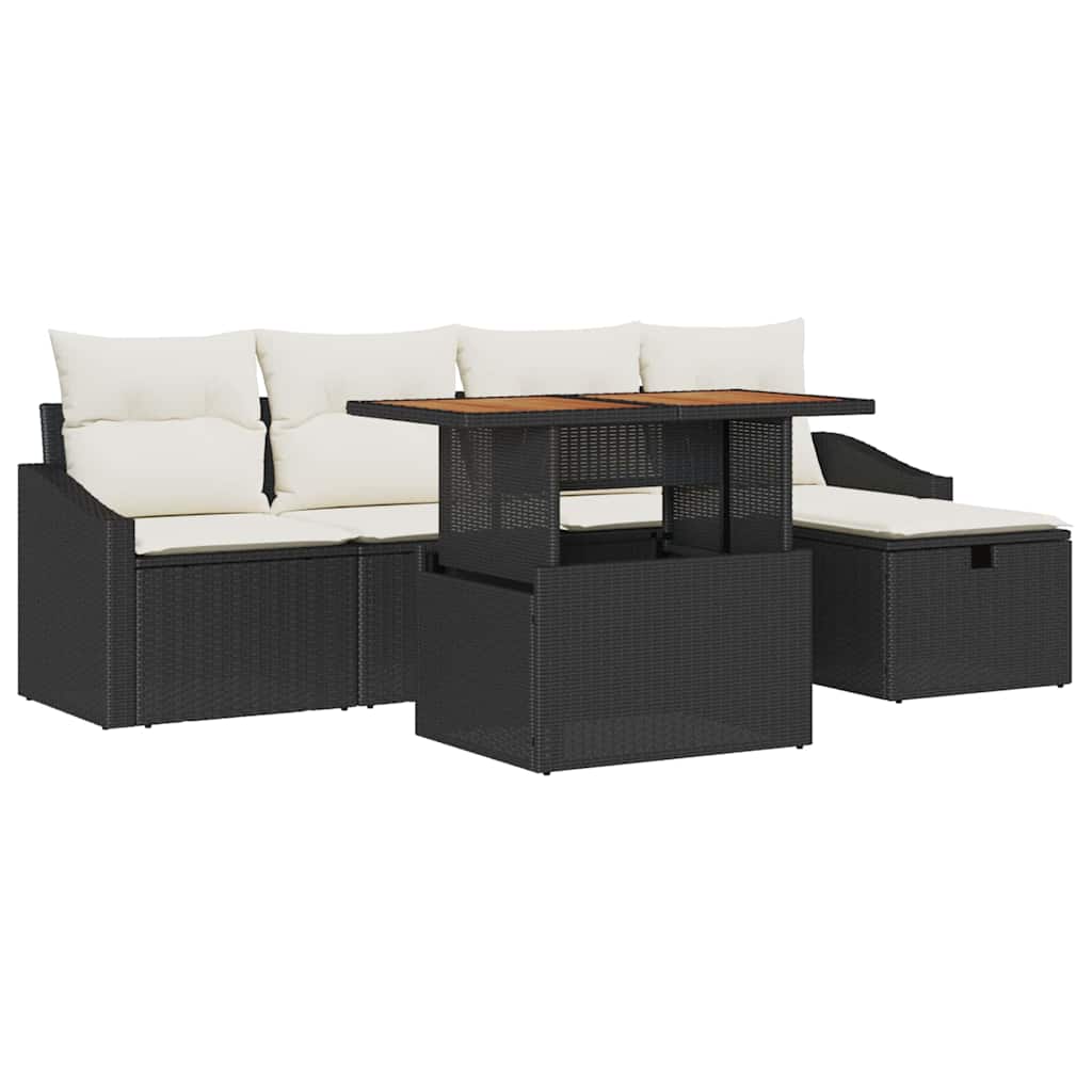 6-delige tuinset met kussens in zwart poly rattan
