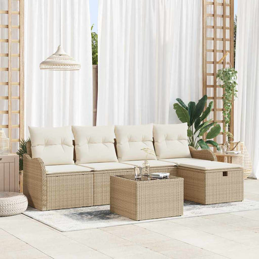 6-delige tuinset met kussens in beige poly riet