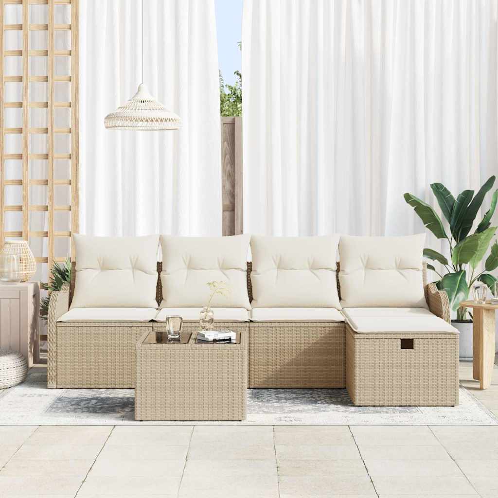 6-delige tuinset met kussens in beige poly riet