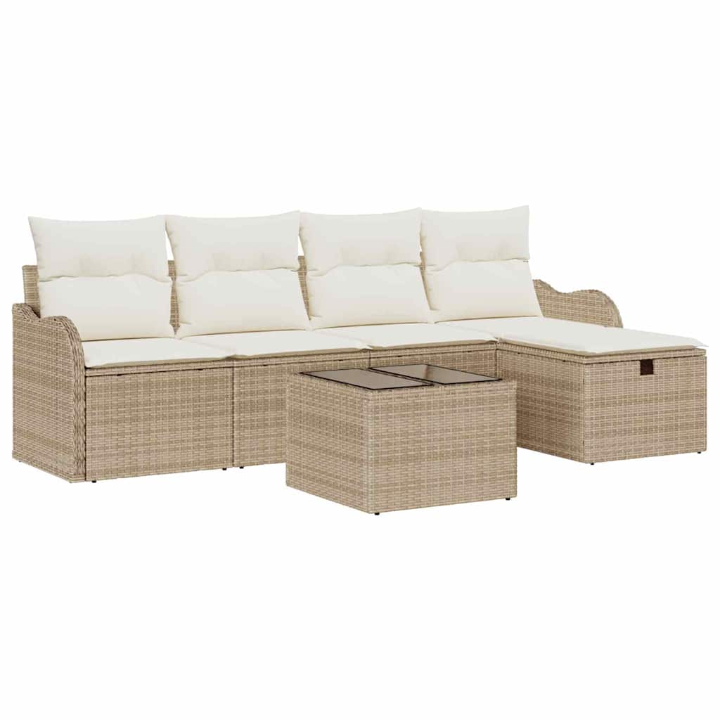 6-delige tuinset met kussens in beige poly riet