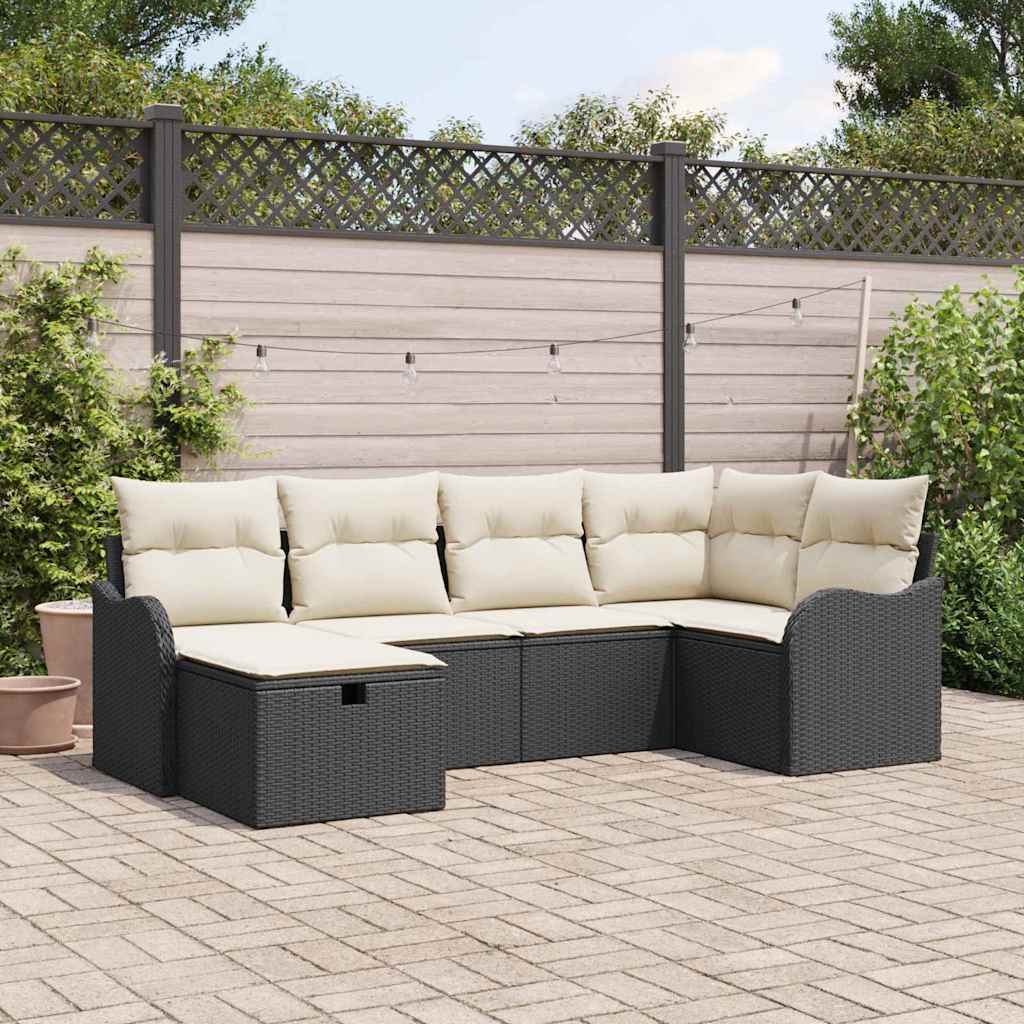 6-delige tuinset met kussens in zwart poly rattan