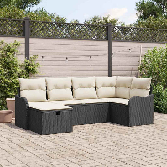 6-delige tuinset met kussens in zwart poly rattan