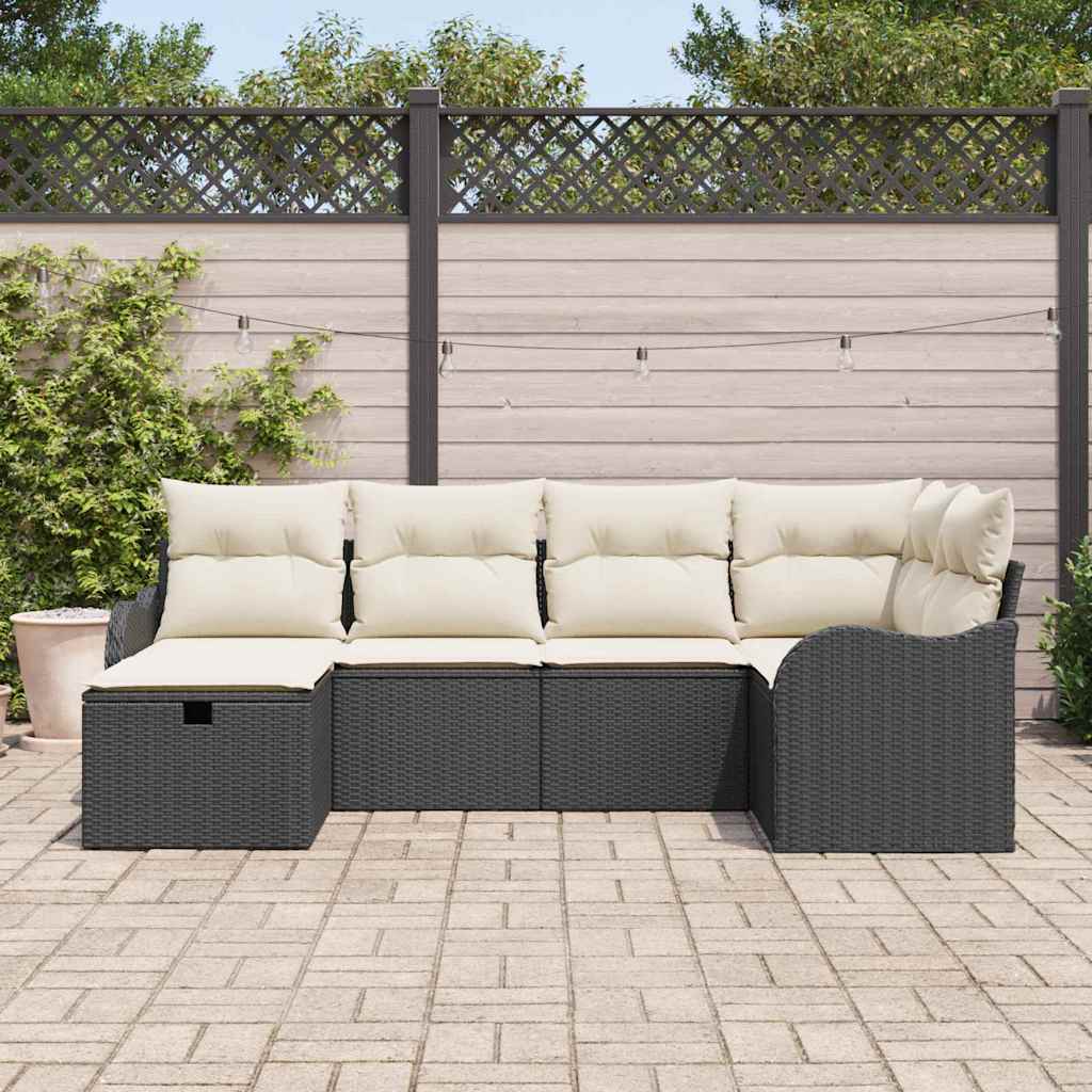 6-delige tuinset met kussens in zwart poly rattan