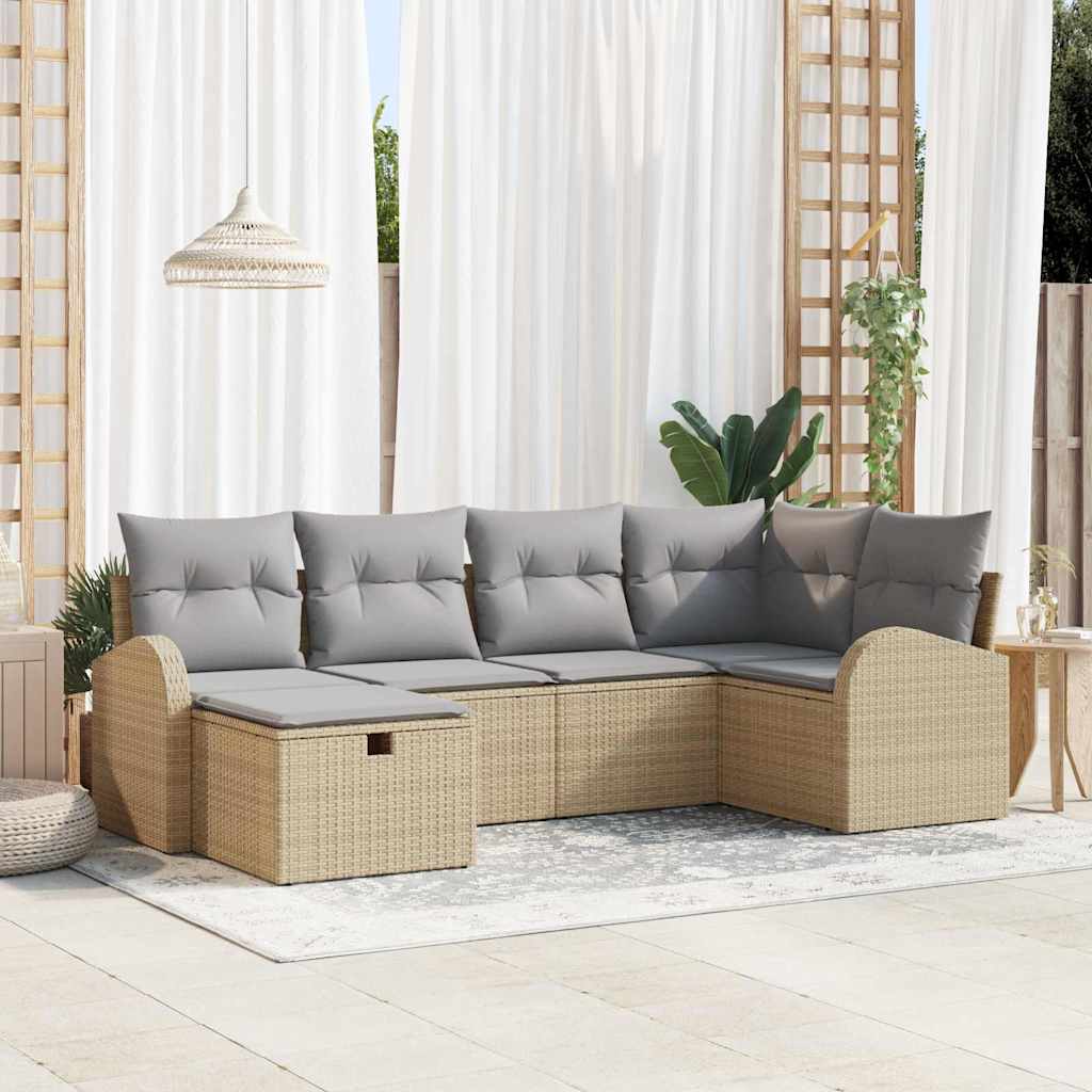 6-delige tuinset met kussens in beige poly riet