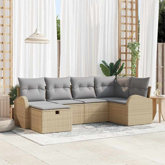 6-delige tuinset met kussens in beige poly riet