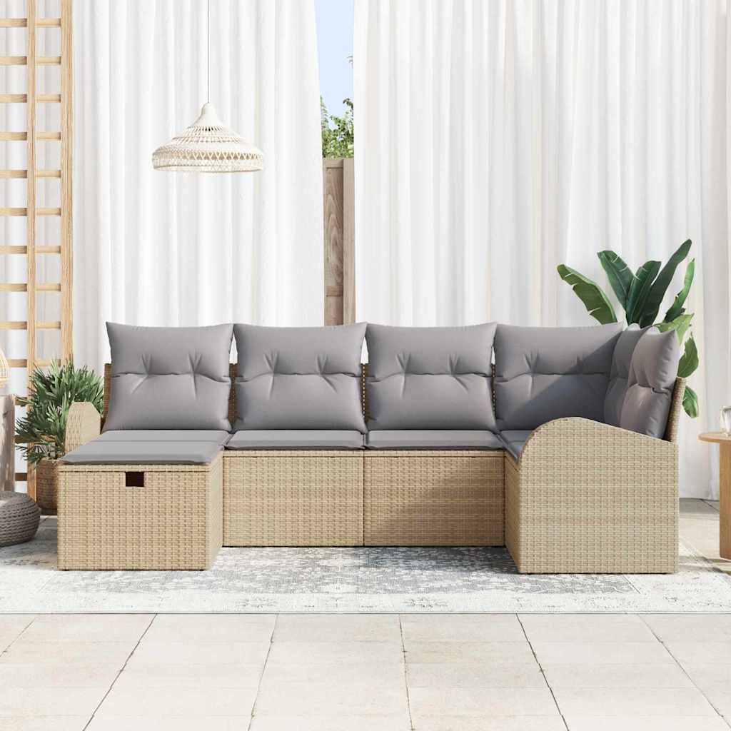 6-delige tuinset met kussens in beige poly riet