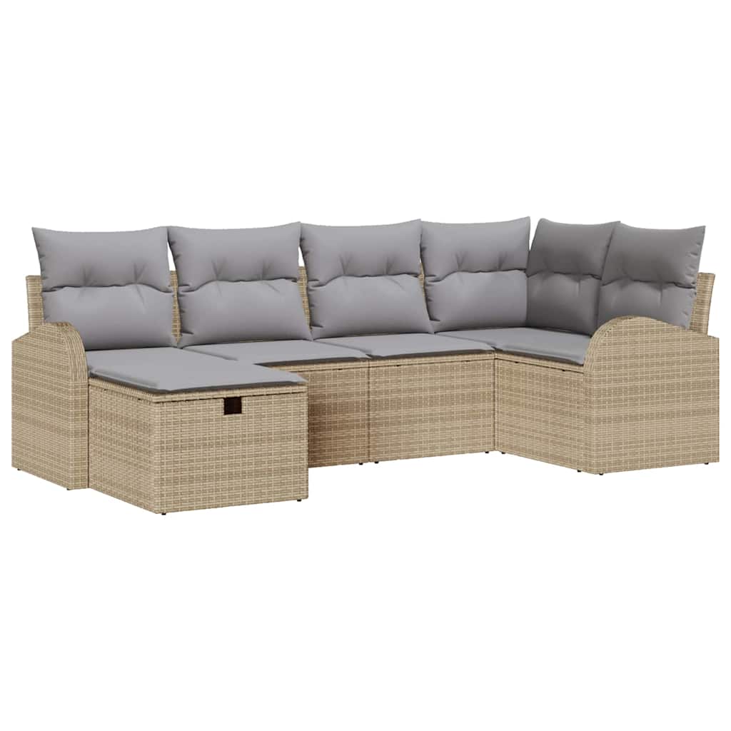 6-delige tuinset met kussens in beige poly riet